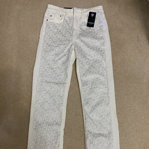 Guess White Satin Rhinestones High Rise Pants Size 24 - Picture 1 of 6